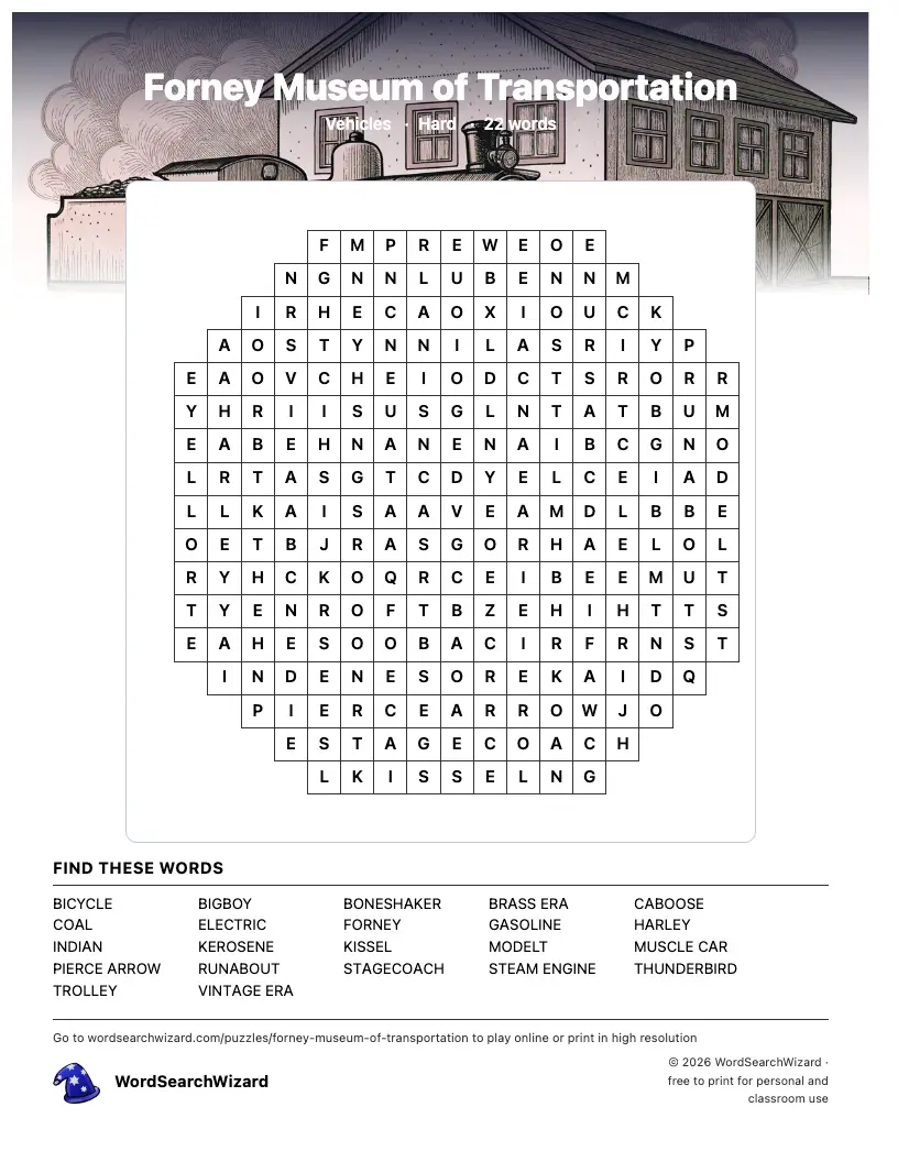 Forney Museum of Transportation word search printable sheet, 22 words to find