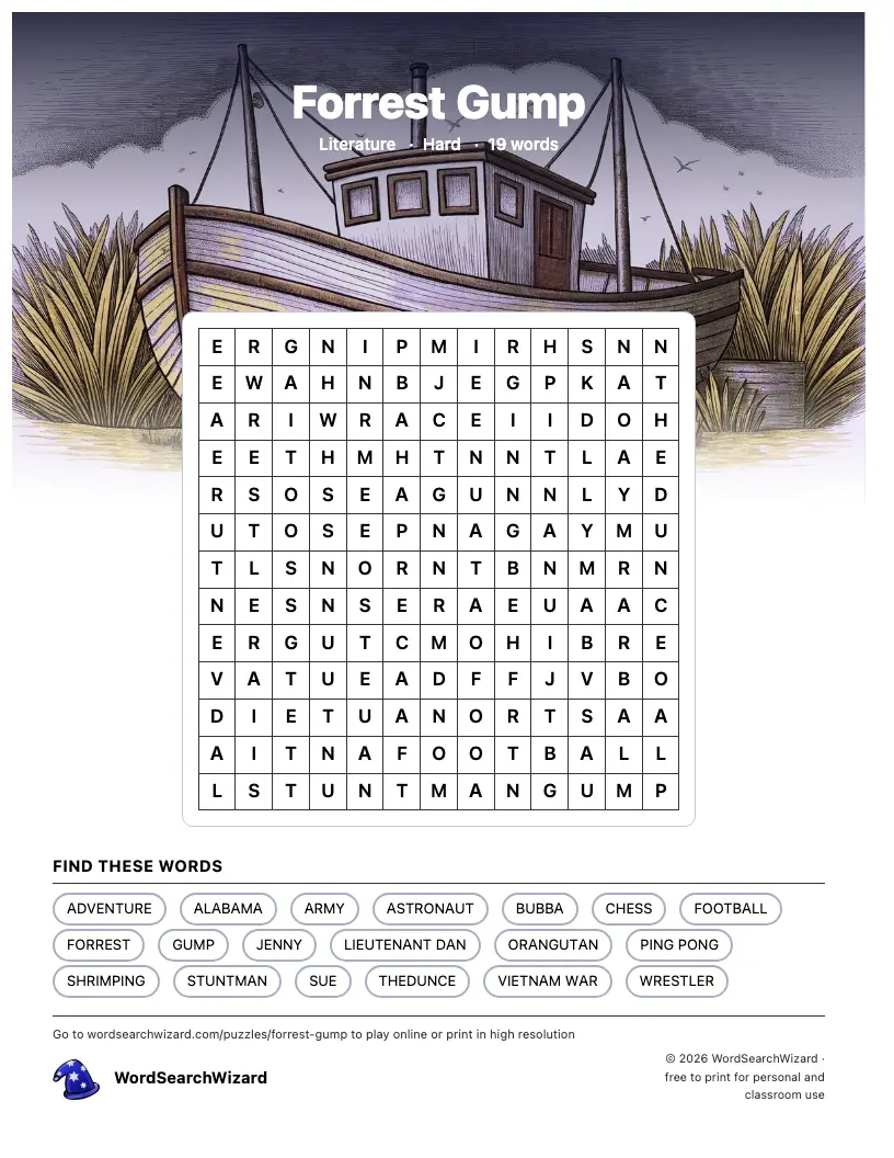 Forrest Gump word search printable sheet, 19 words to find