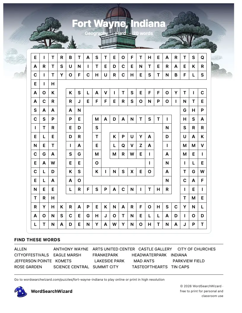 Fort Wayne, Indiana word search printable sheet, 20 words to find