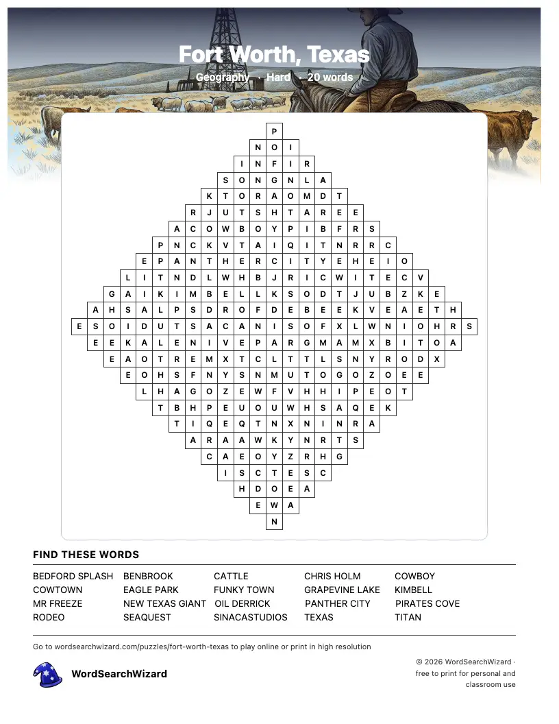 Fort Worth, Texas word search printable sheet, 20 words to find