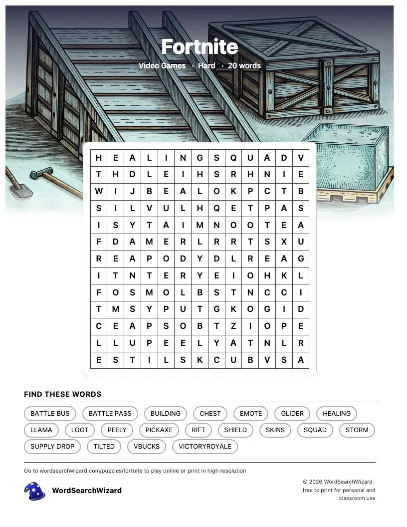Fortnite word search printable sheet, 20 words to find
