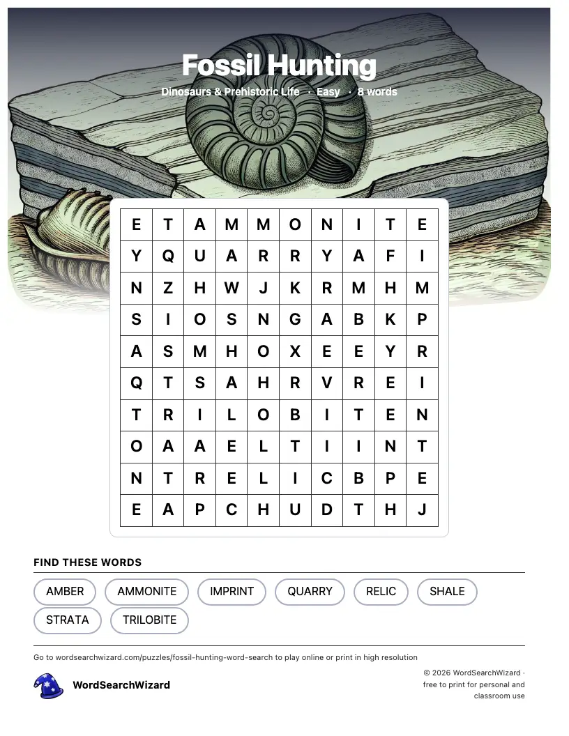 Fossil Hunting word search printable sheet, 8 words to find