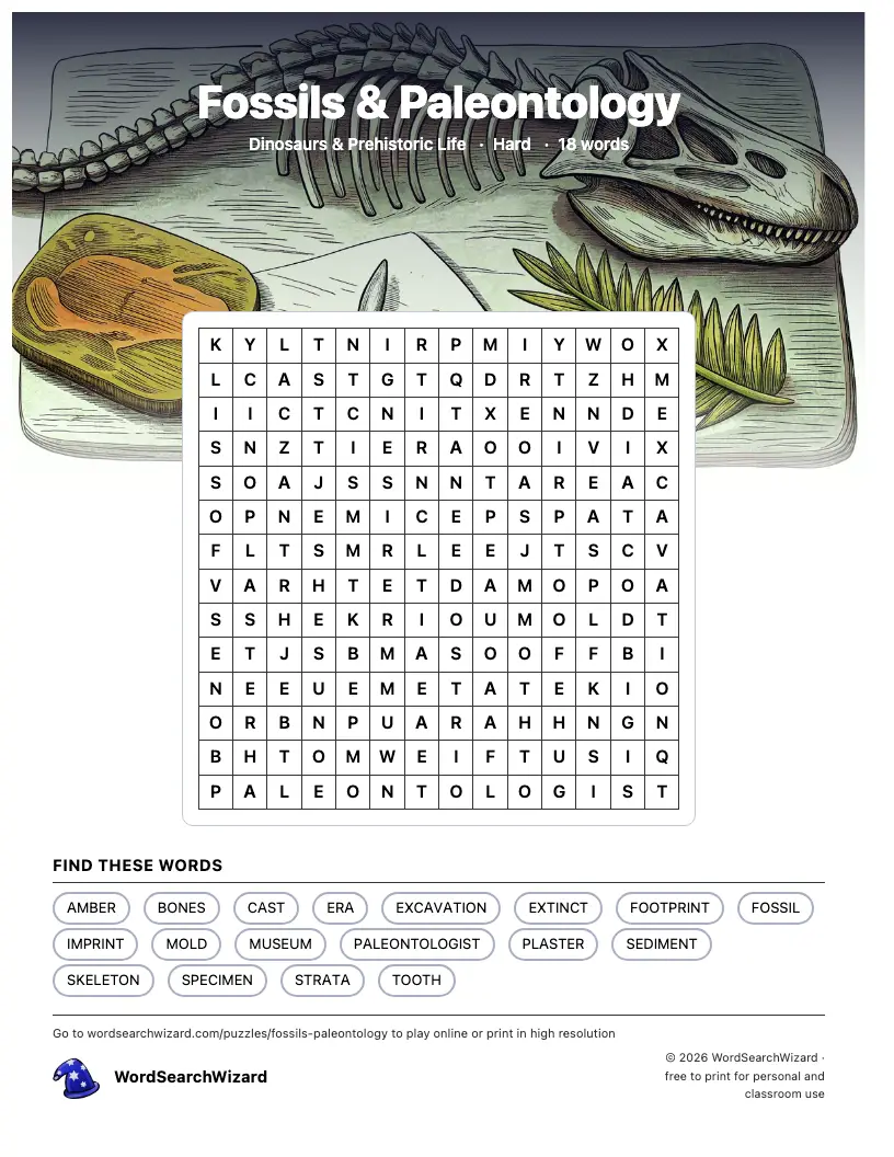 Fossils & Paleontology word search printable sheet, 18 words to find