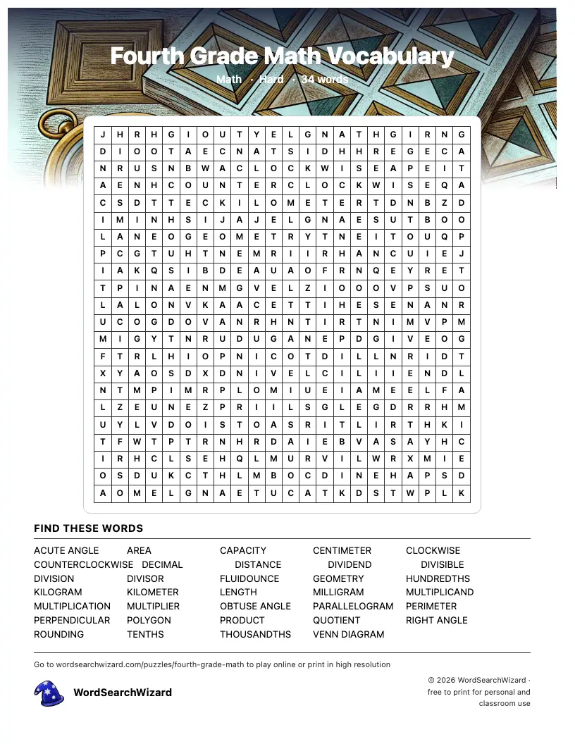 Fourth Grade Math Vocabulary word search printable sheet, 34 words to find