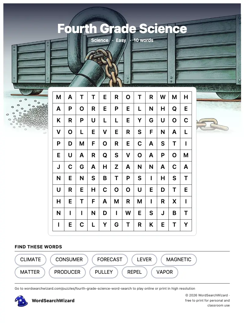 Fourth Grade Science word search printable sheet, 10 words to find