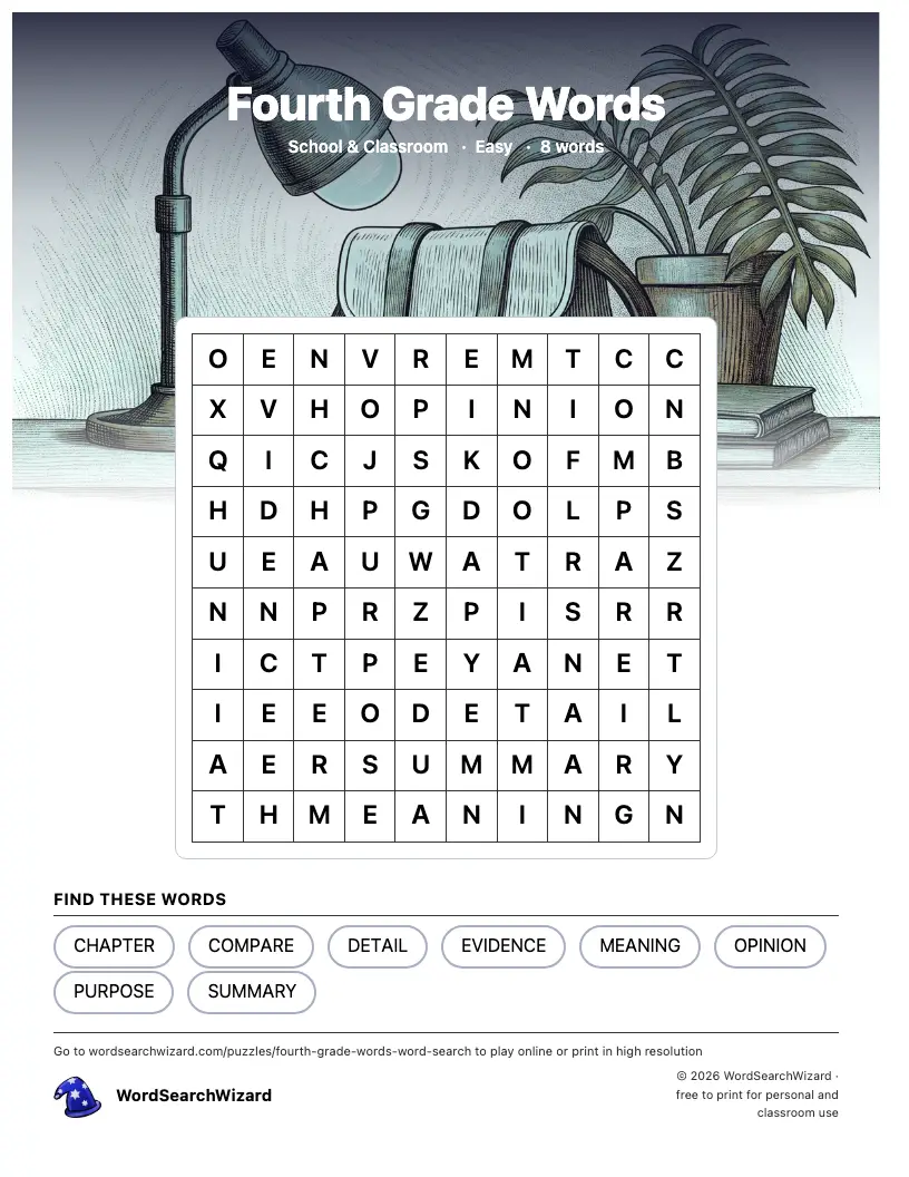Fourth Grade Words word search printable sheet, 8 words to find