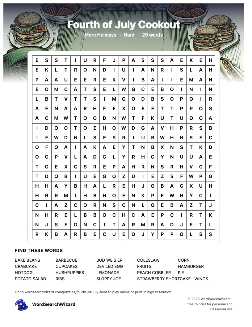 Fourth of July Cookout word search printable sheet, 20 words to find