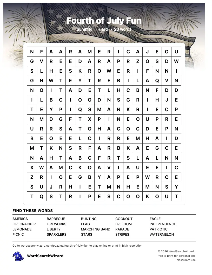 Fourth of July Fun word search printable sheet, 20 words to find