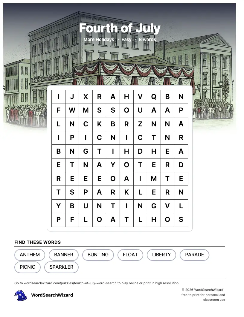 Fourth of July word search printable sheet, 8 words to find
