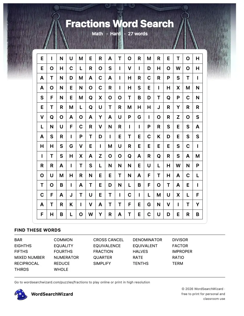 Fractions word search printable sheet, 27 words to find