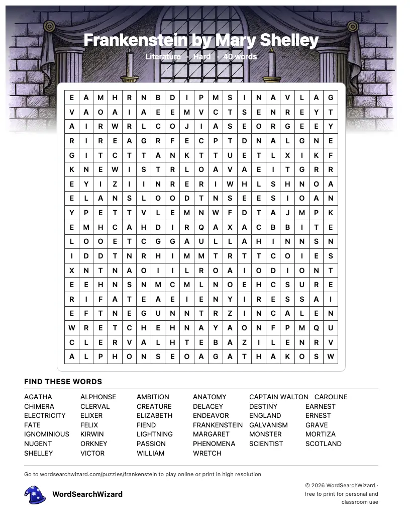 Frankenstein by Mary Shelley word search printable sheet, 40 words to find