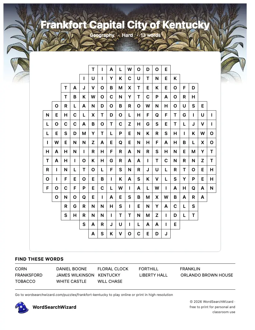 Frankfort Capital City of Kentucky word search printable sheet, 13 words to find