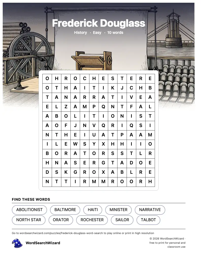 Frederick Douglass word search printable sheet, 10 words to find