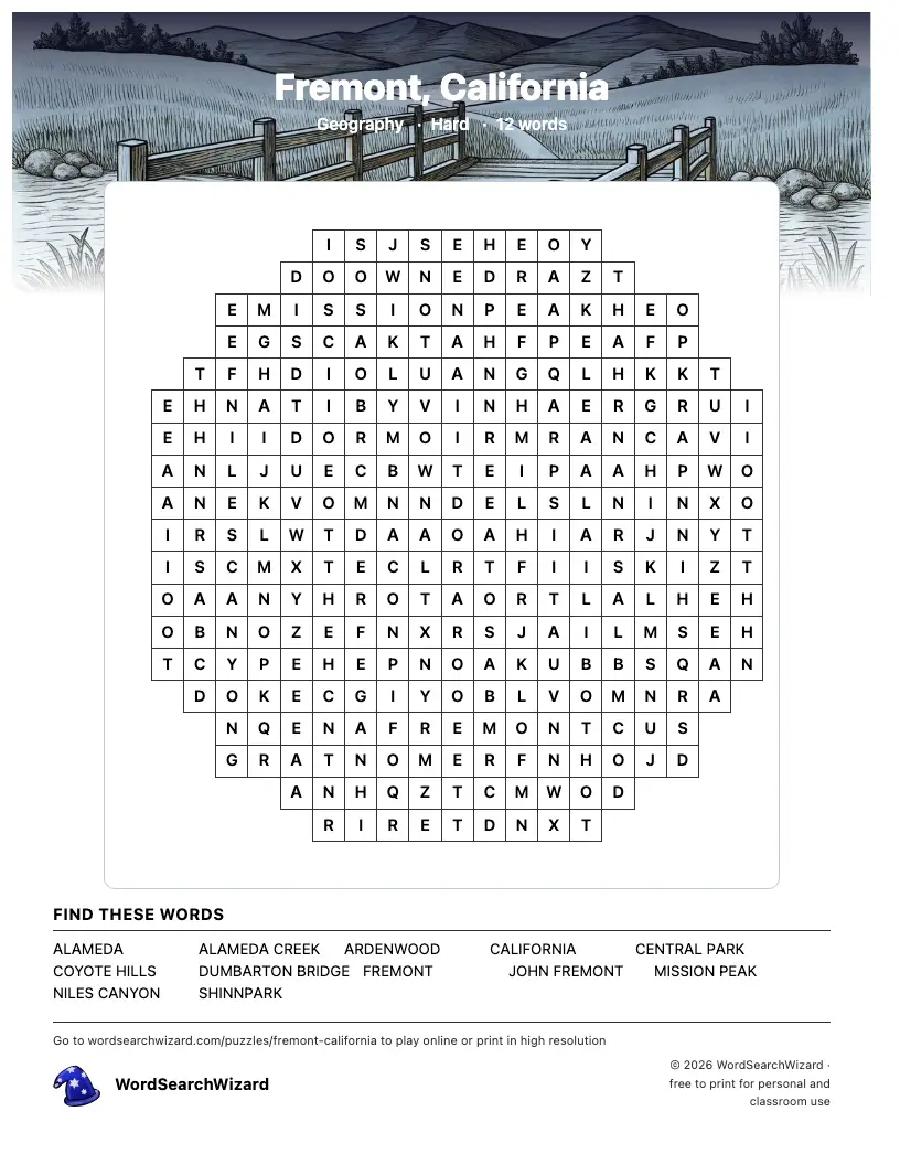 Fremont, California word search printable sheet, 12 words to find