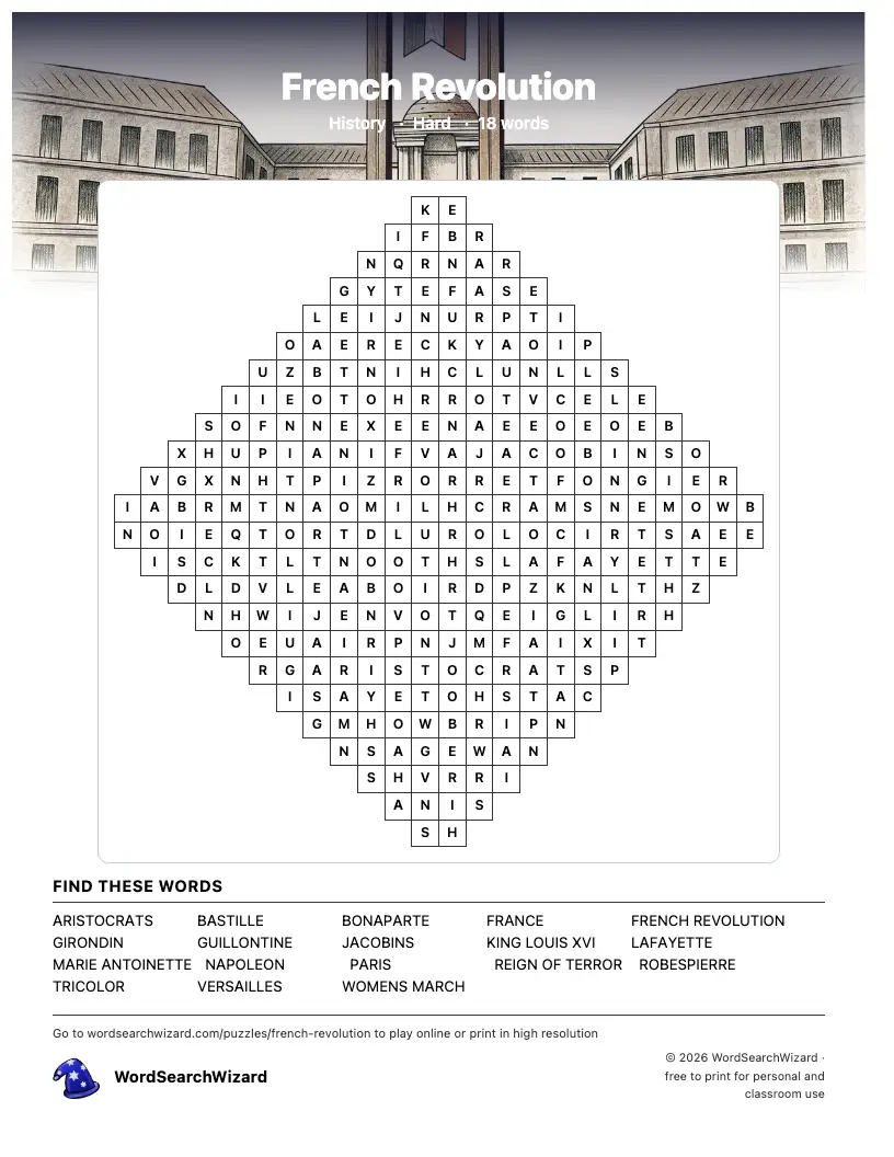 French Revolution word search printable sheet, 18 words to find