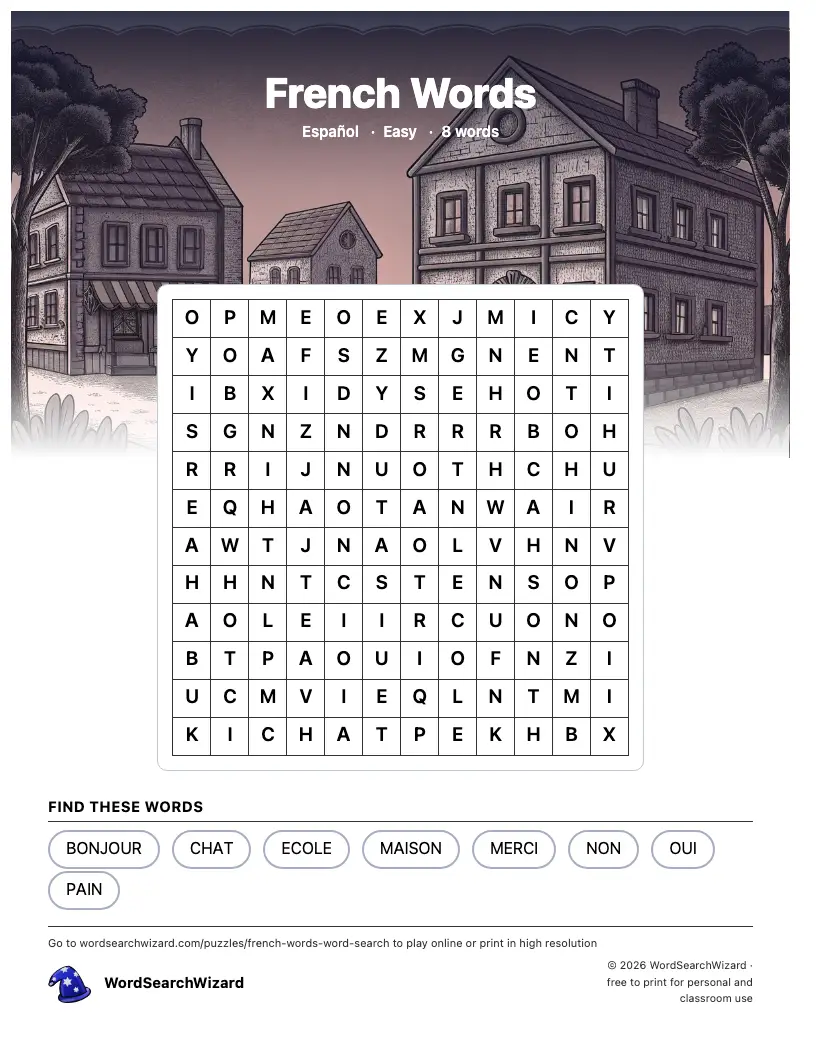 French Words word search printable sheet, 8 words to find