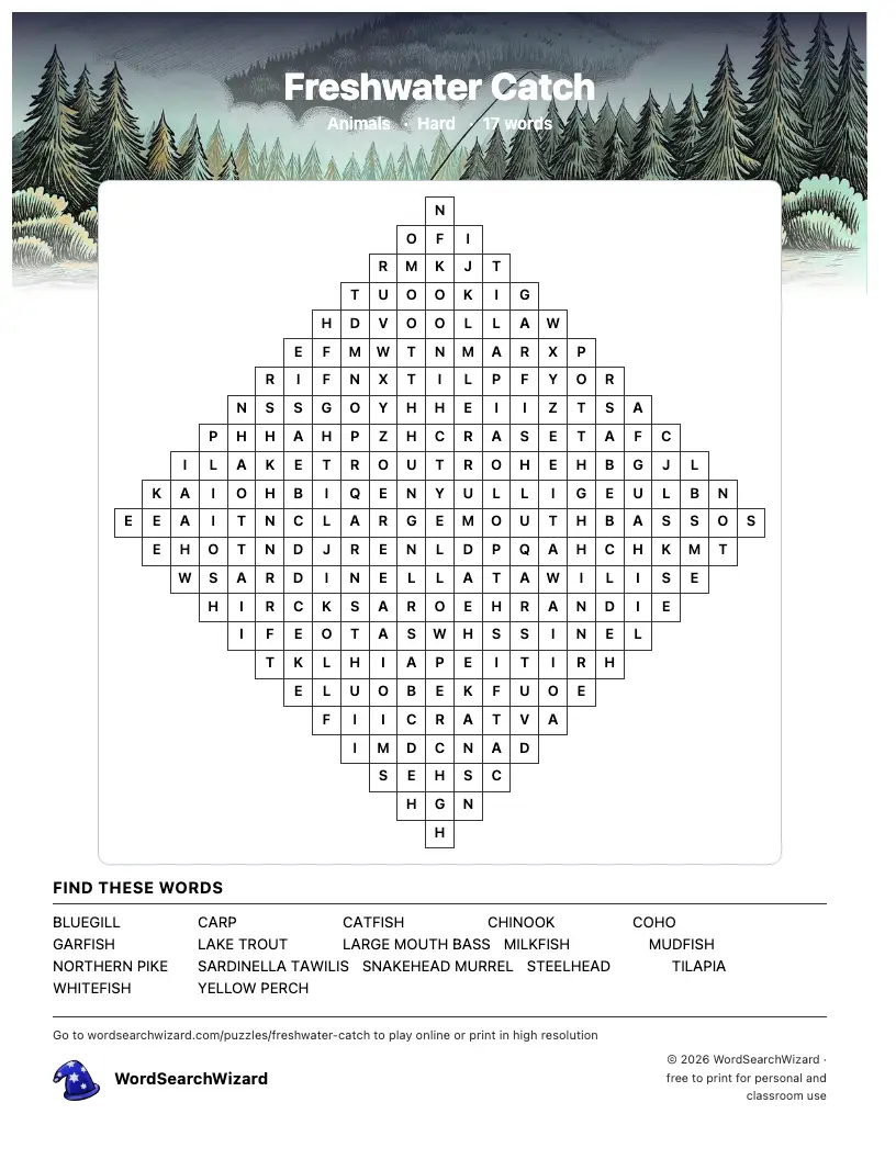 Freshwater Catch word search printable sheet, 17 words to find