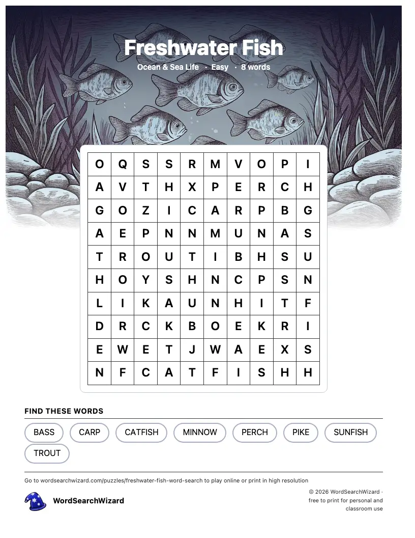 Freshwater Fish word search printable sheet, 8 words to find
