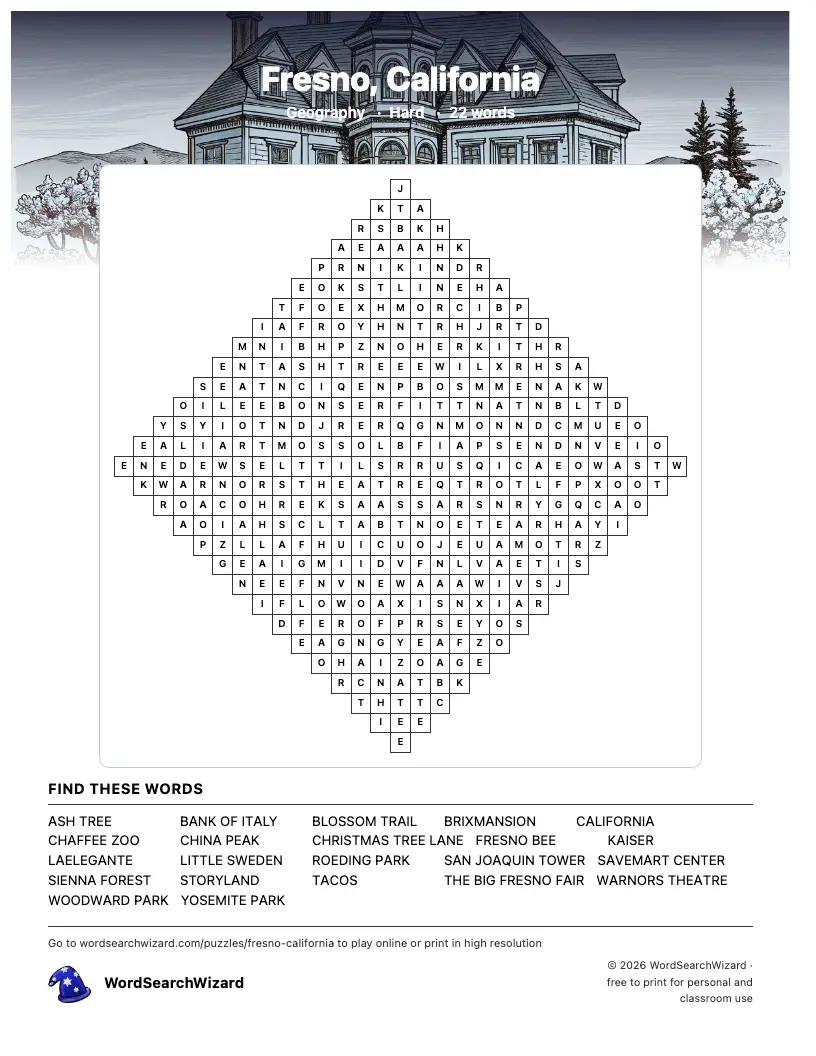 Fresno, California word search printable sheet, 22 words to find