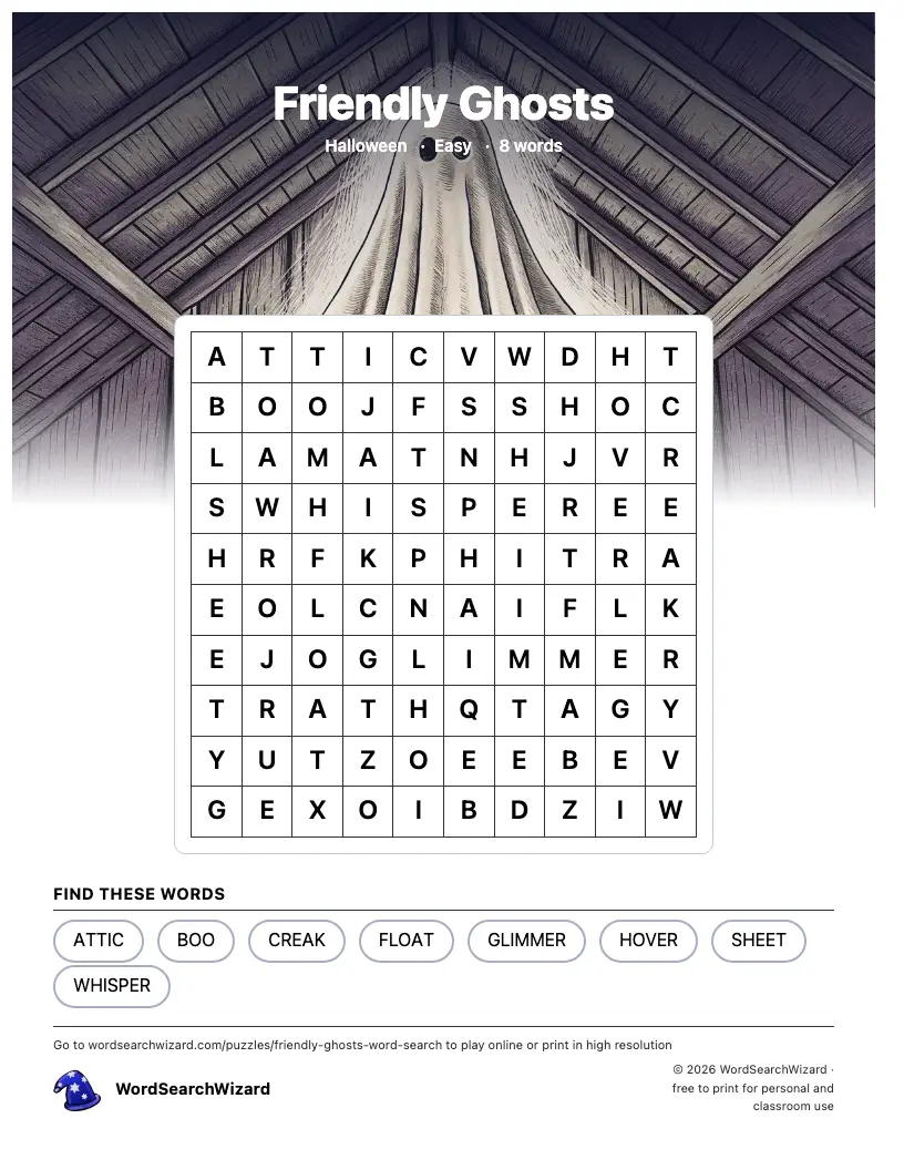 Friendly Ghosts word search printable sheet, 8 words to find