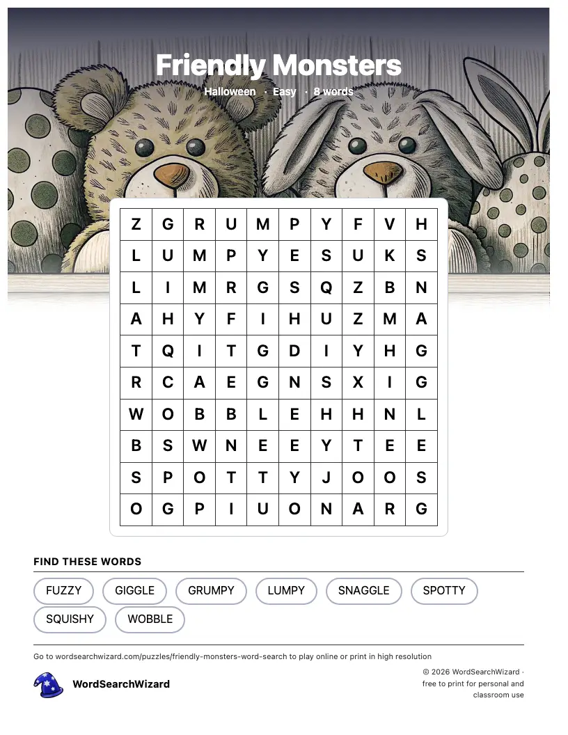Friendly Monsters word search printable sheet, 8 words to find