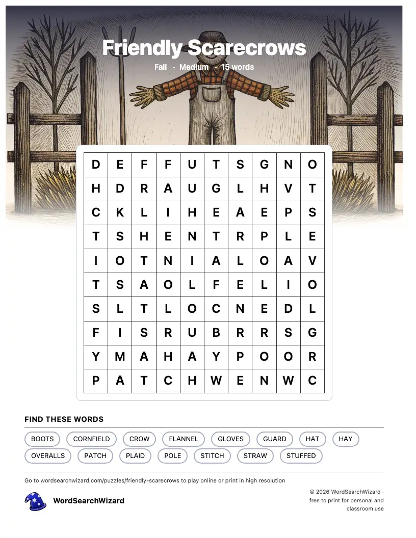 Friendly Scarecrows word search printable sheet, 15 words to find