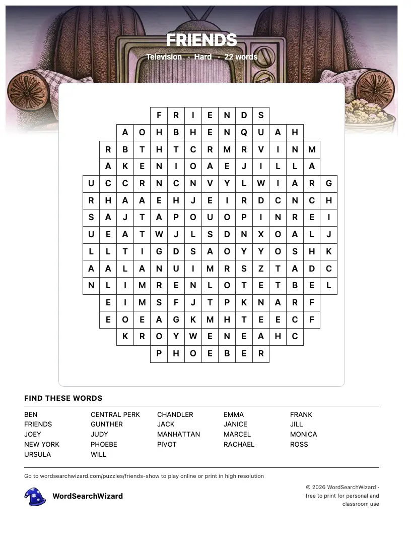 FRIENDS word search printable sheet, 22 words to find