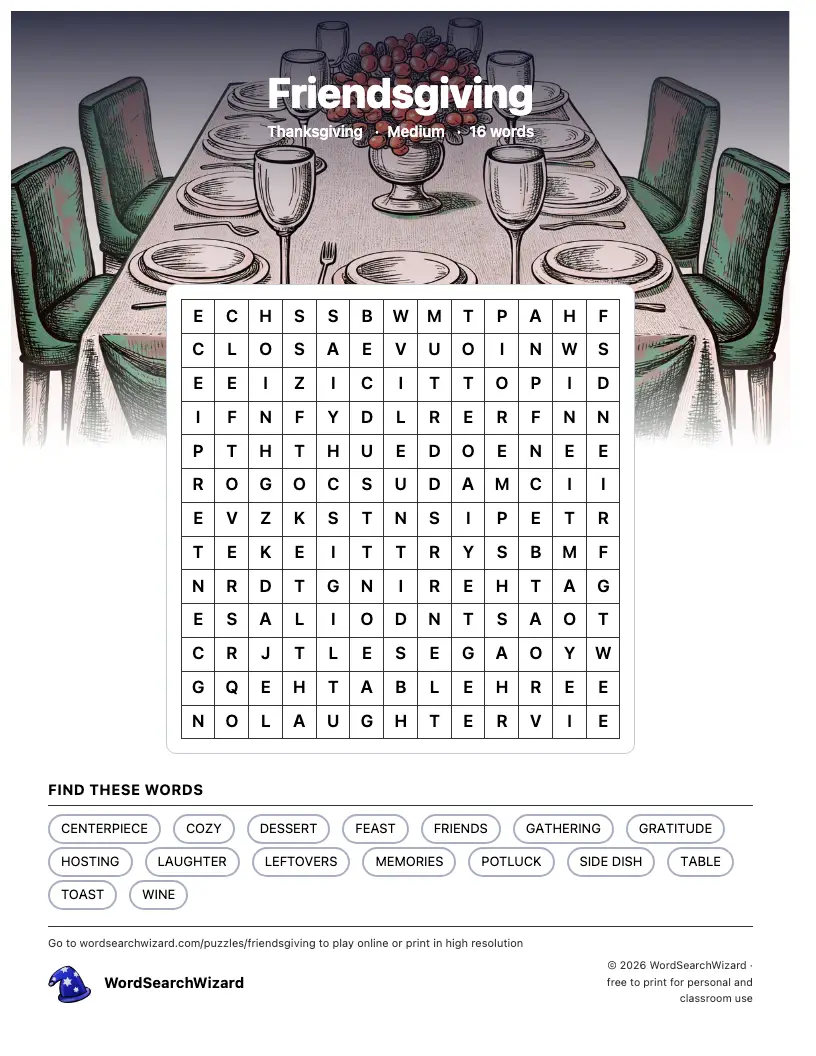 Friendsgiving word search printable sheet, 16 words to find