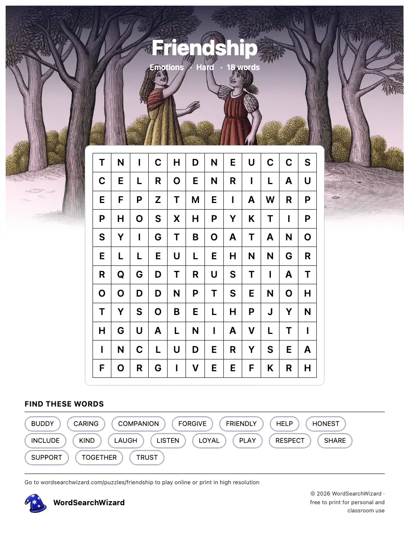 Friendship word search printable sheet, 18 words to find