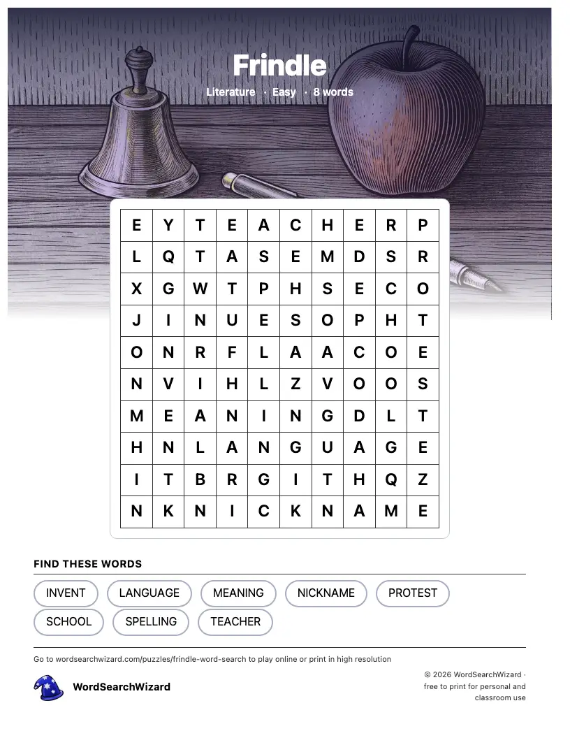 Frindle word search printable sheet, 8 words to find