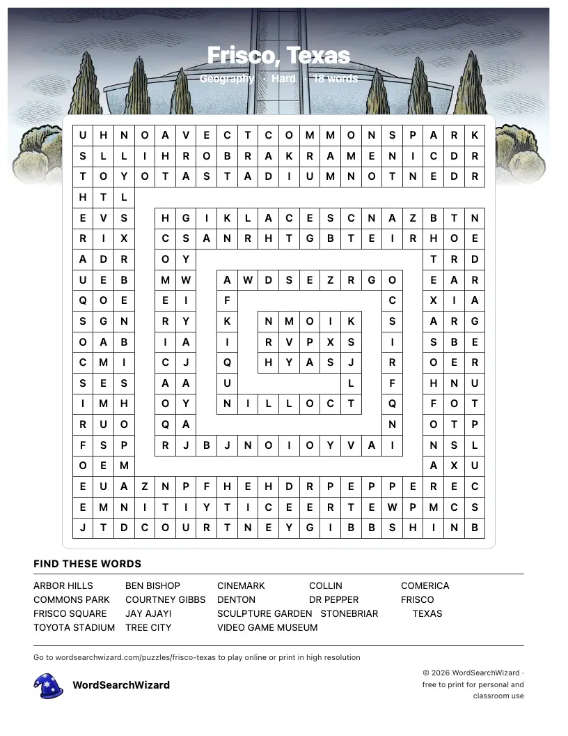 Frisco, Texas word search printable sheet, 18 words to find