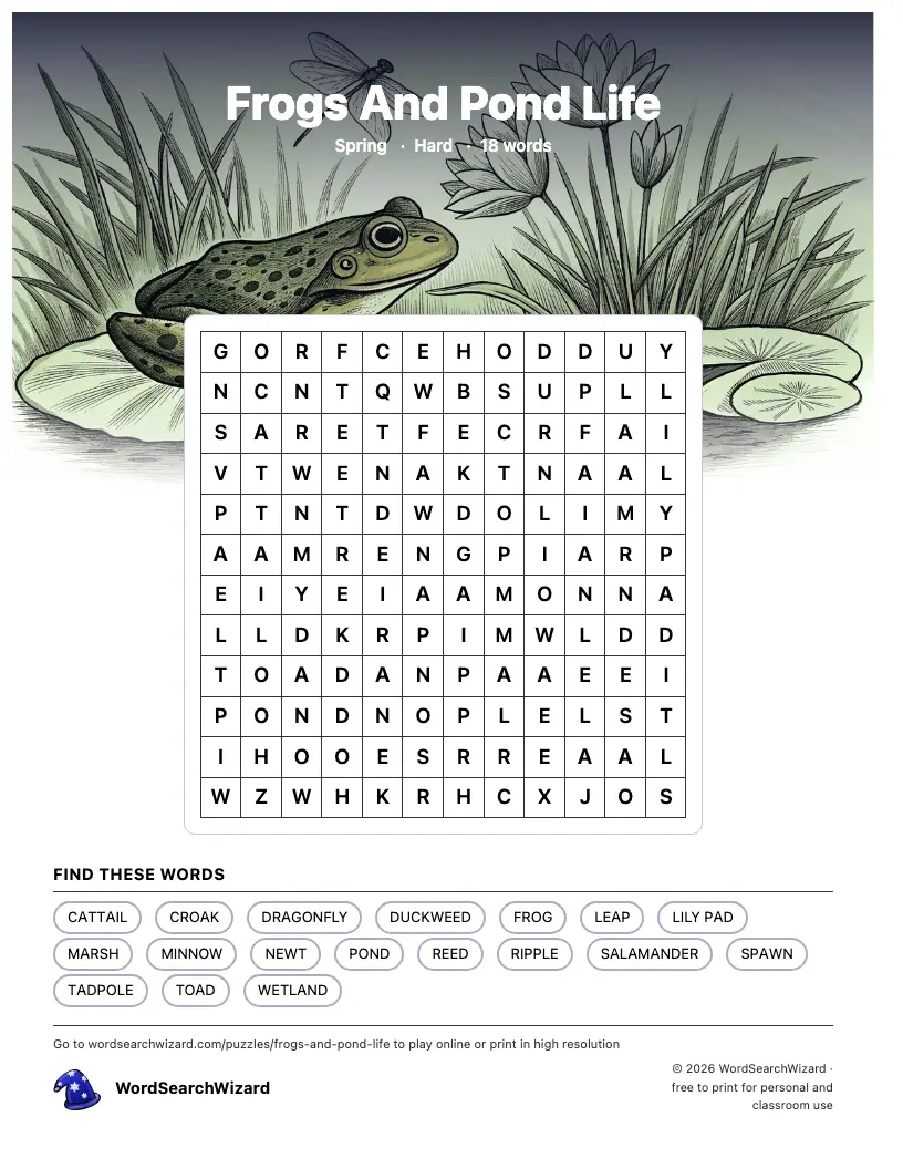 Frogs And Pond Life word search printable sheet, 18 words to find