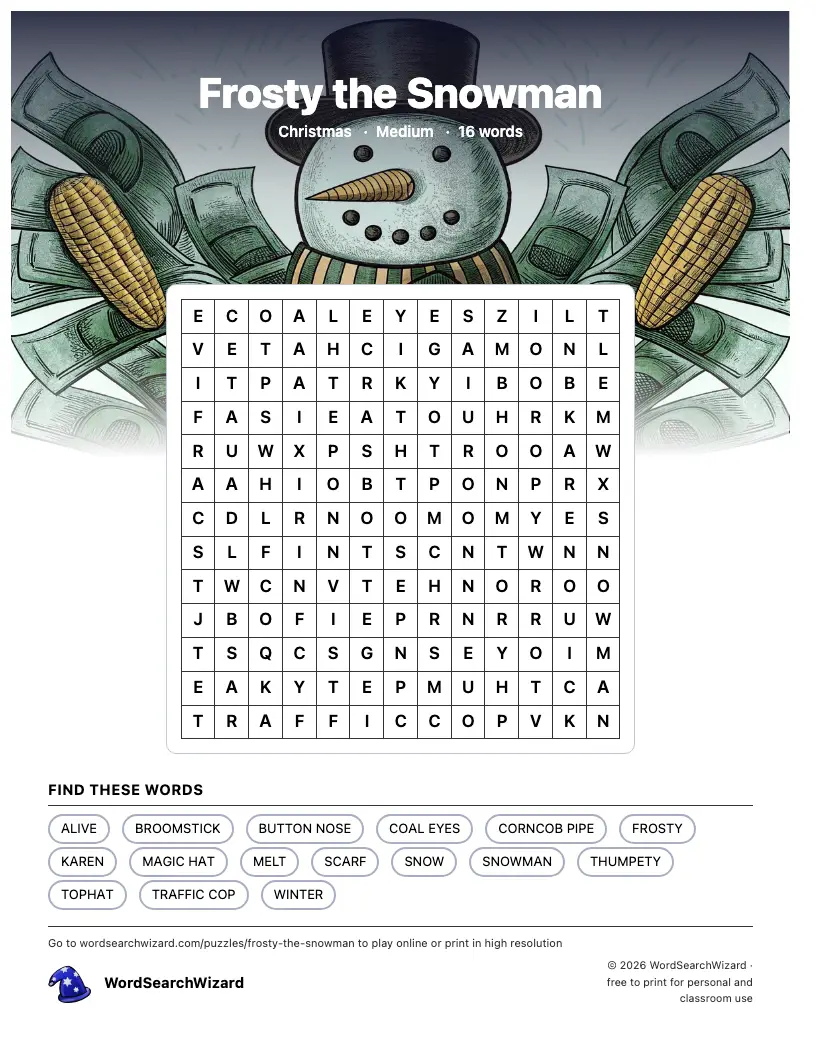 Frosty the Snowman word search printable sheet, 16 words to find