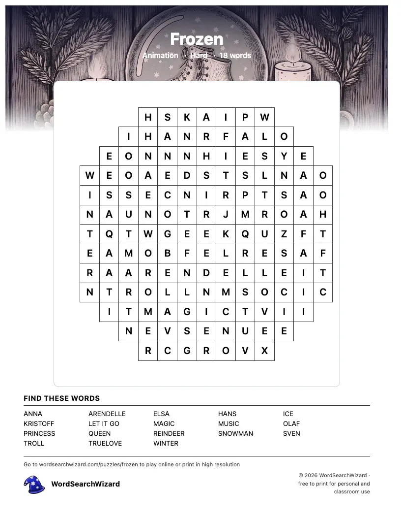 Frozen word search printable sheet, 18 words to find