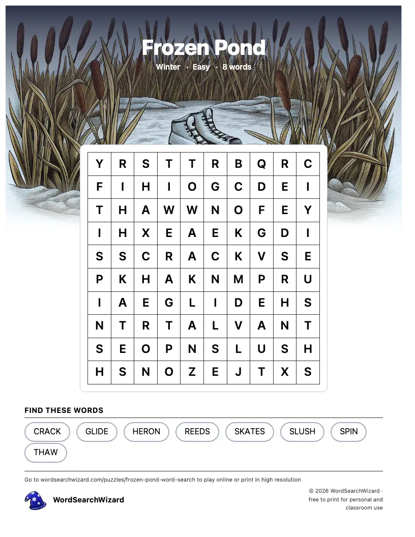 Frozen Pond word search printable sheet, 8 words to find