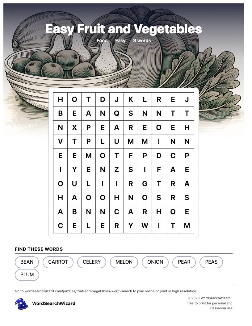 Easy Fruit and Vegetables word search printable sheet, 8 words to find