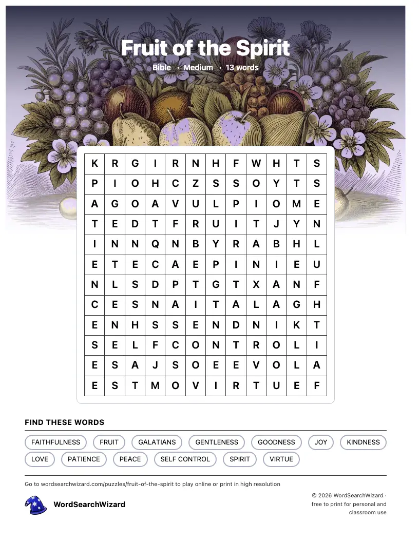 Fruit of the Spirit word search printable sheet, 13 words to find