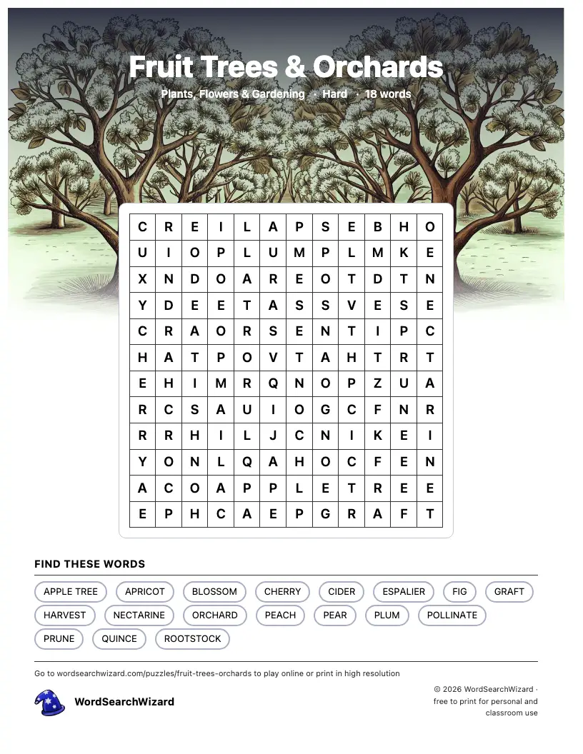 Fruit Trees & Orchards word search printable sheet, 18 words to find
