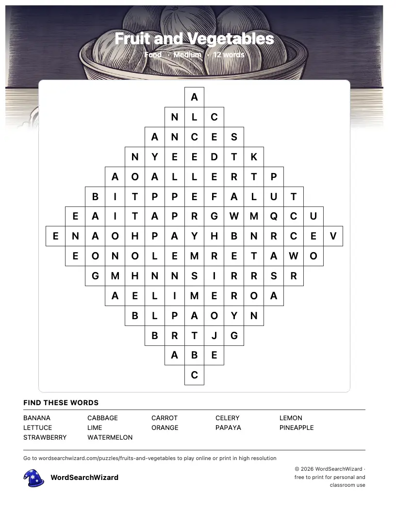 Fruit and Vegetables word search printable sheet, 12 words to find