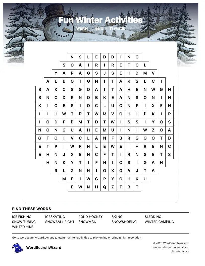 Fun Winter Activities word search printable sheet, 11 words to find