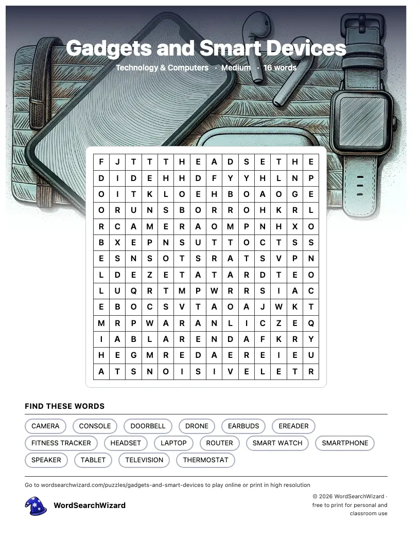 Gadgets and Smart Devices word search printable sheet, 16 words to find