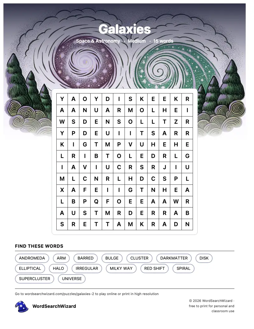 Galaxies word search printable sheet, 15 words to find