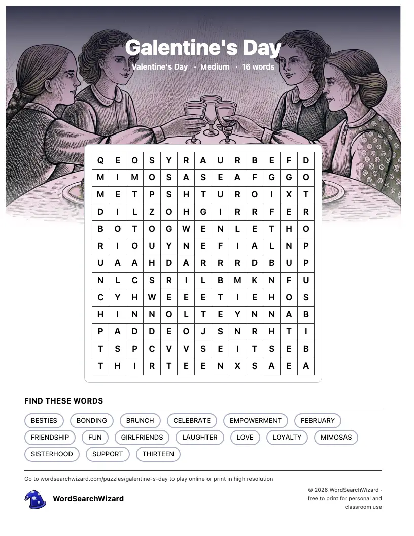 Galentine's Day word search printable sheet, 16 words to find