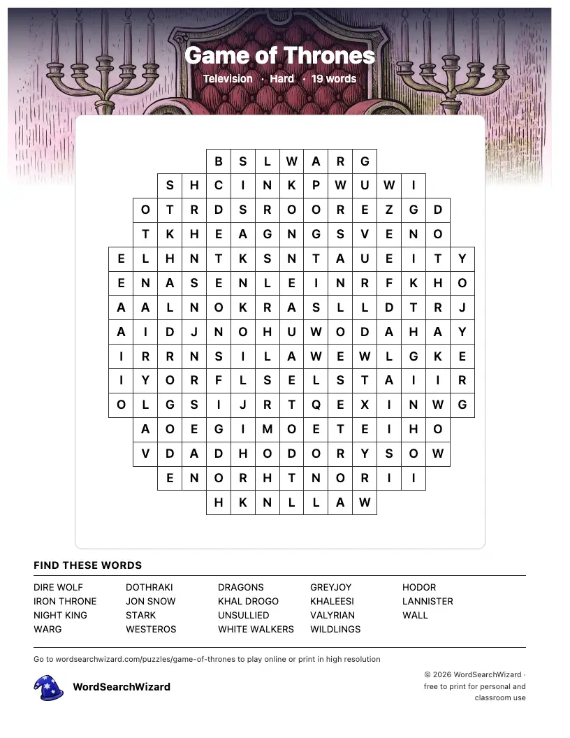 Game of Thrones word search printable sheet, 19 words to find