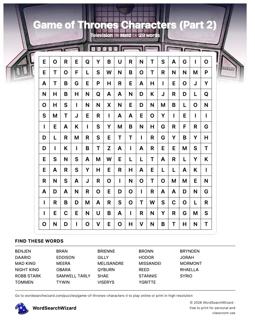 Game of Thrones Characters (Part 2) word search printable sheet, 29 words to find