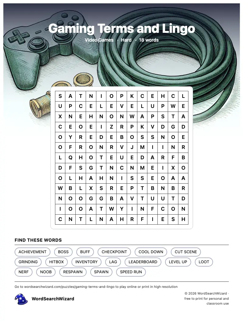 Gaming Terms and Lingo word search printable sheet, 18 words to find