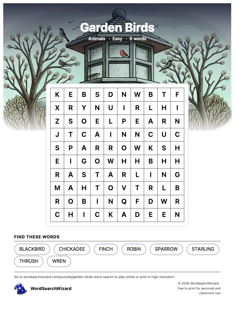 Garden Birds word search printable sheet, 8 words to find