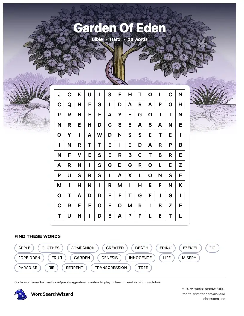 Garden Of Eden word search printable sheet, 20 words to find