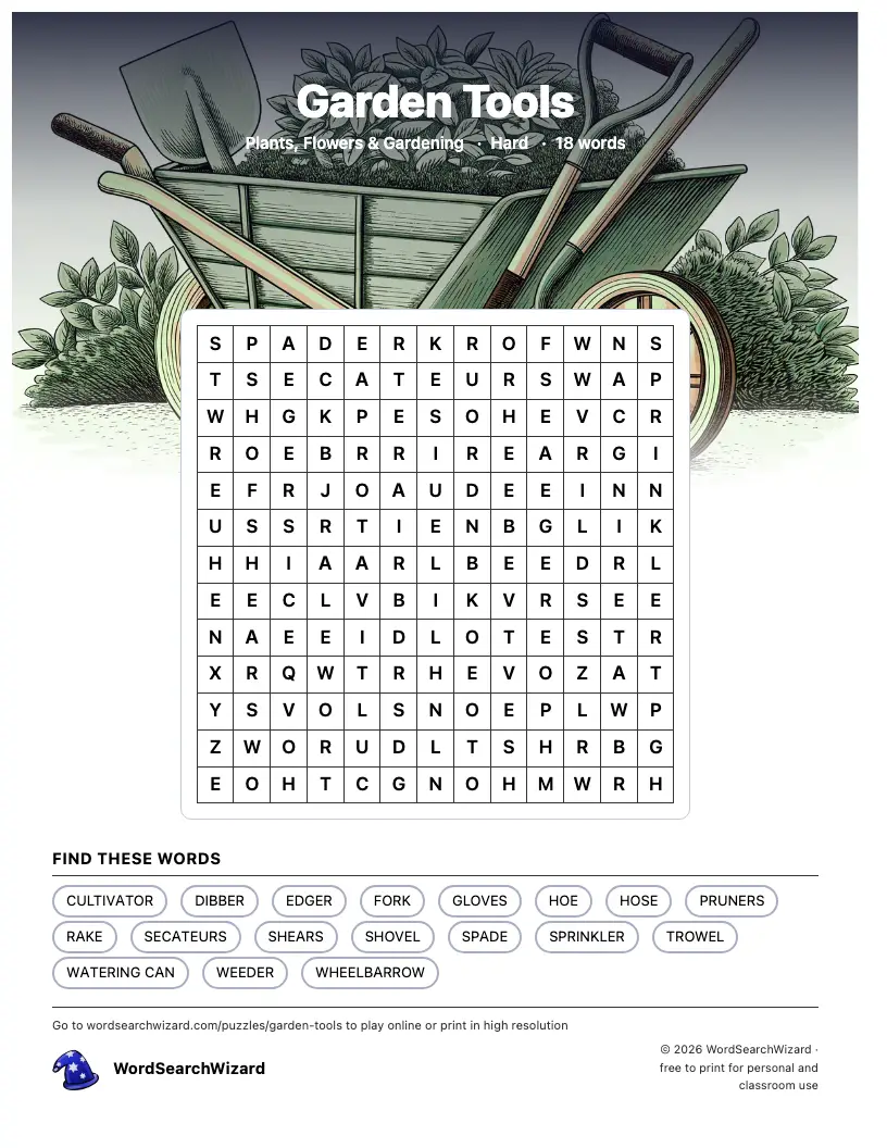 Garden Tools word search printable sheet, 18 words to find