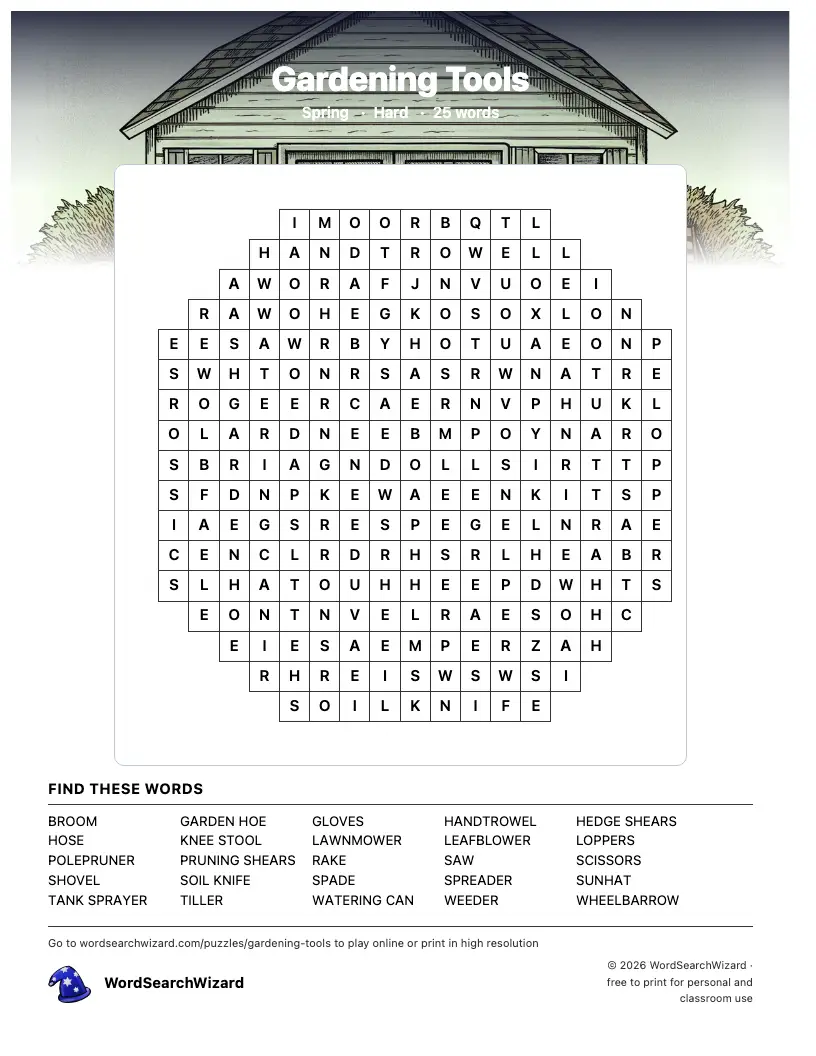 Gardening Tools word search printable sheet, 25 words to find